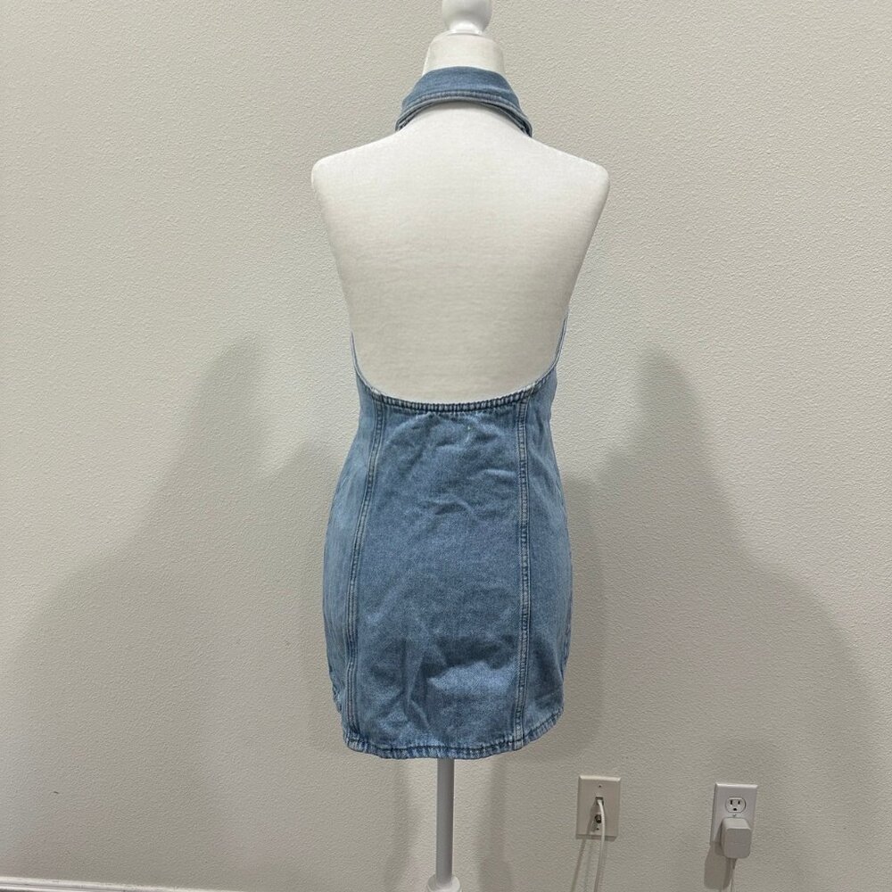 Zara Halter Backless Denim Dress with Button-Down Front